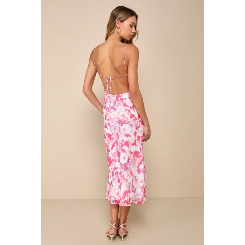 Lulus Radiant Confidence Hot Pink Floral Chiffon Lace-Up Midi Dress - Picture 2 of 11